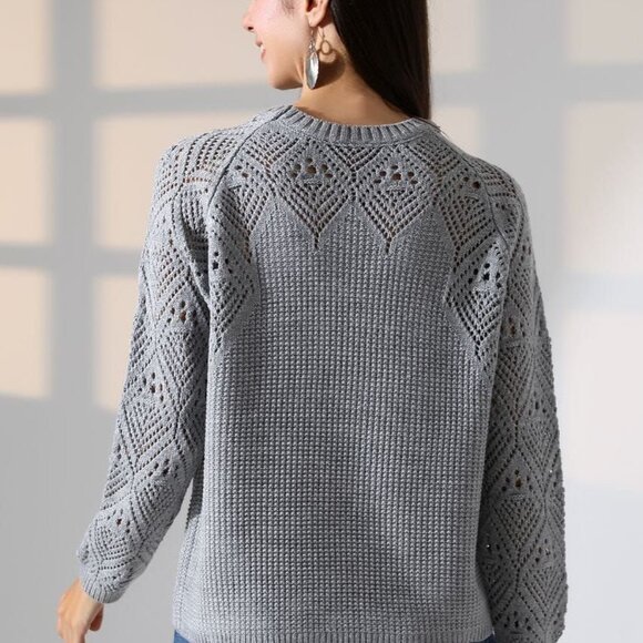 Women Solid Long Sleeve Hollow-Out Elegant Pullover Sweater - S, M, L, XL - Picture 2 of 3